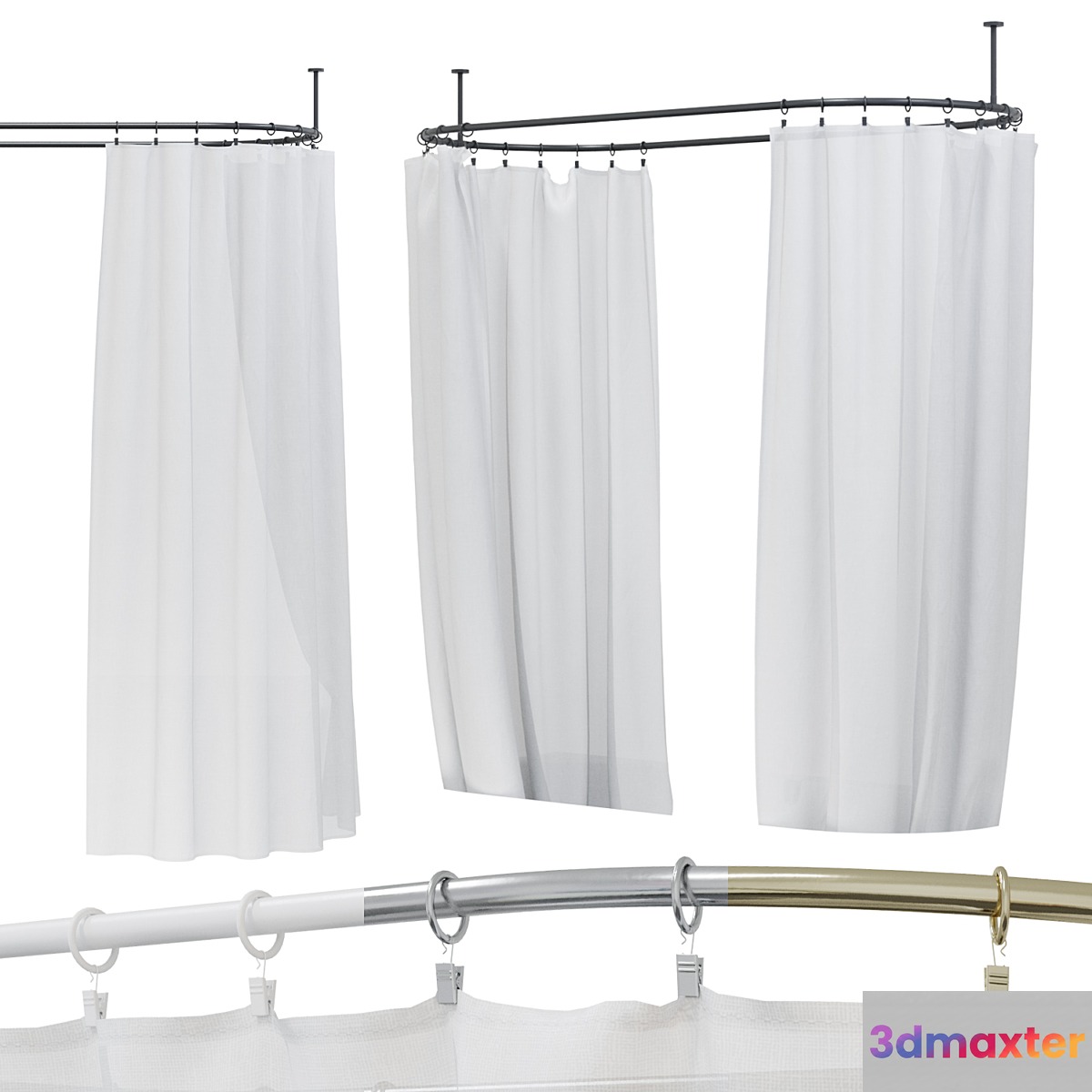 Curtain inside the oval bathtub with clips 3D Max