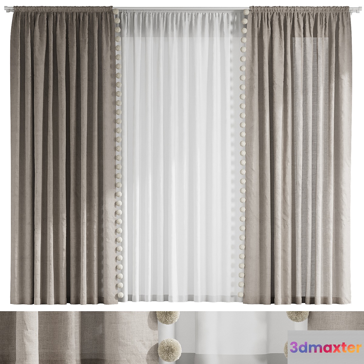 Curtains with pom-poms for the nursery - No.2 3D Max