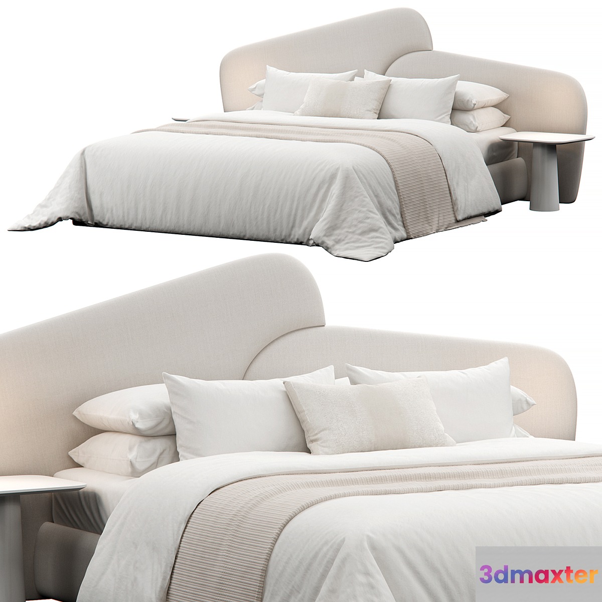Rounded Linen Upholstered Headboard Bed 3D Max