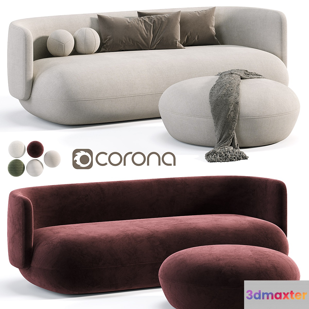 Ivan fabric round shaped 3 seator sofa 3D Max