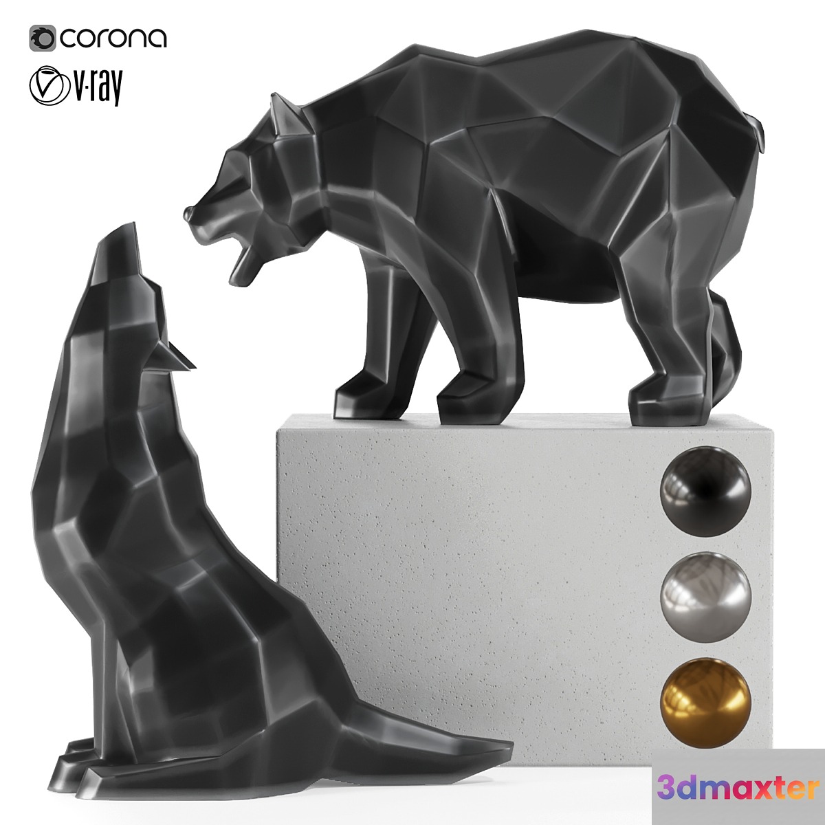 geometric wolf and bear statue 3D Max
