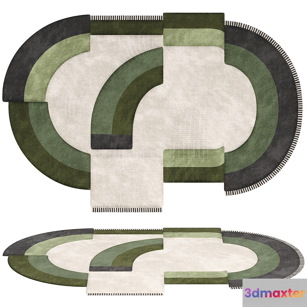 Carpet Contemporary Oval Rug with Geometric Pattern in Green Hues and Beige in Wool 3D Max