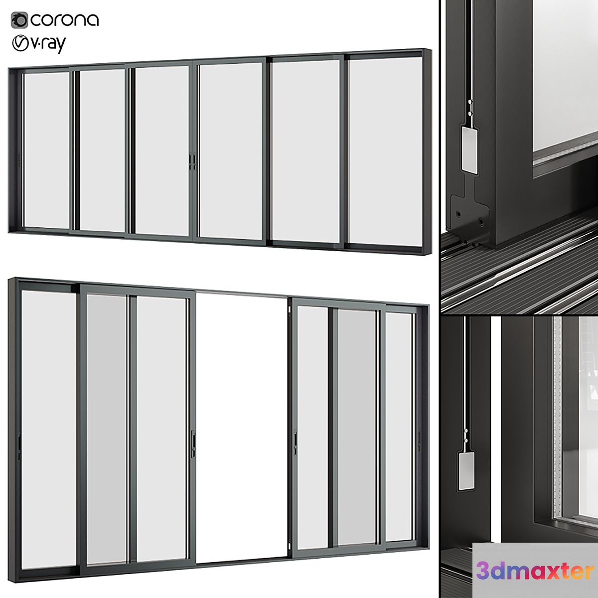 A set of sliding Metal Windows and Doors. 3D Max