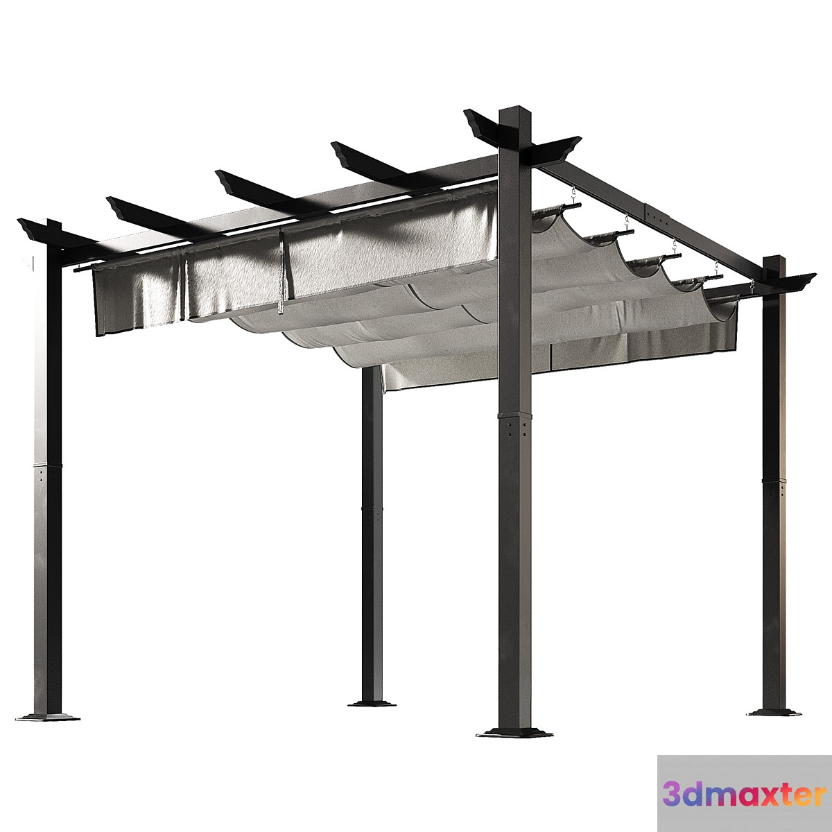Metal pergola. Gazebo with a sliding fabric canopy. 3D Max