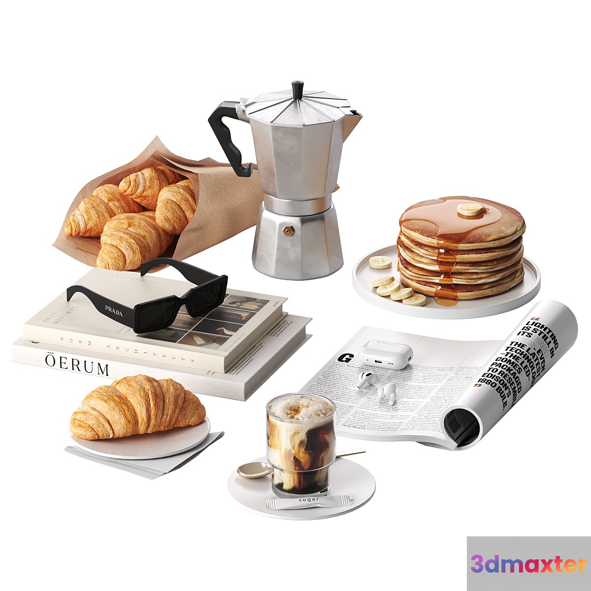French breakfast with coffee and croissant 3D Max