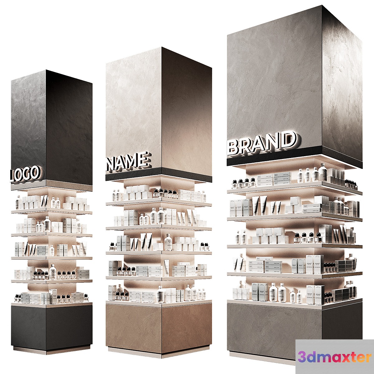 Columns of racks with trade products. Square showcase with cosmetics. Island of Pharmaceutical Products. 3D Max