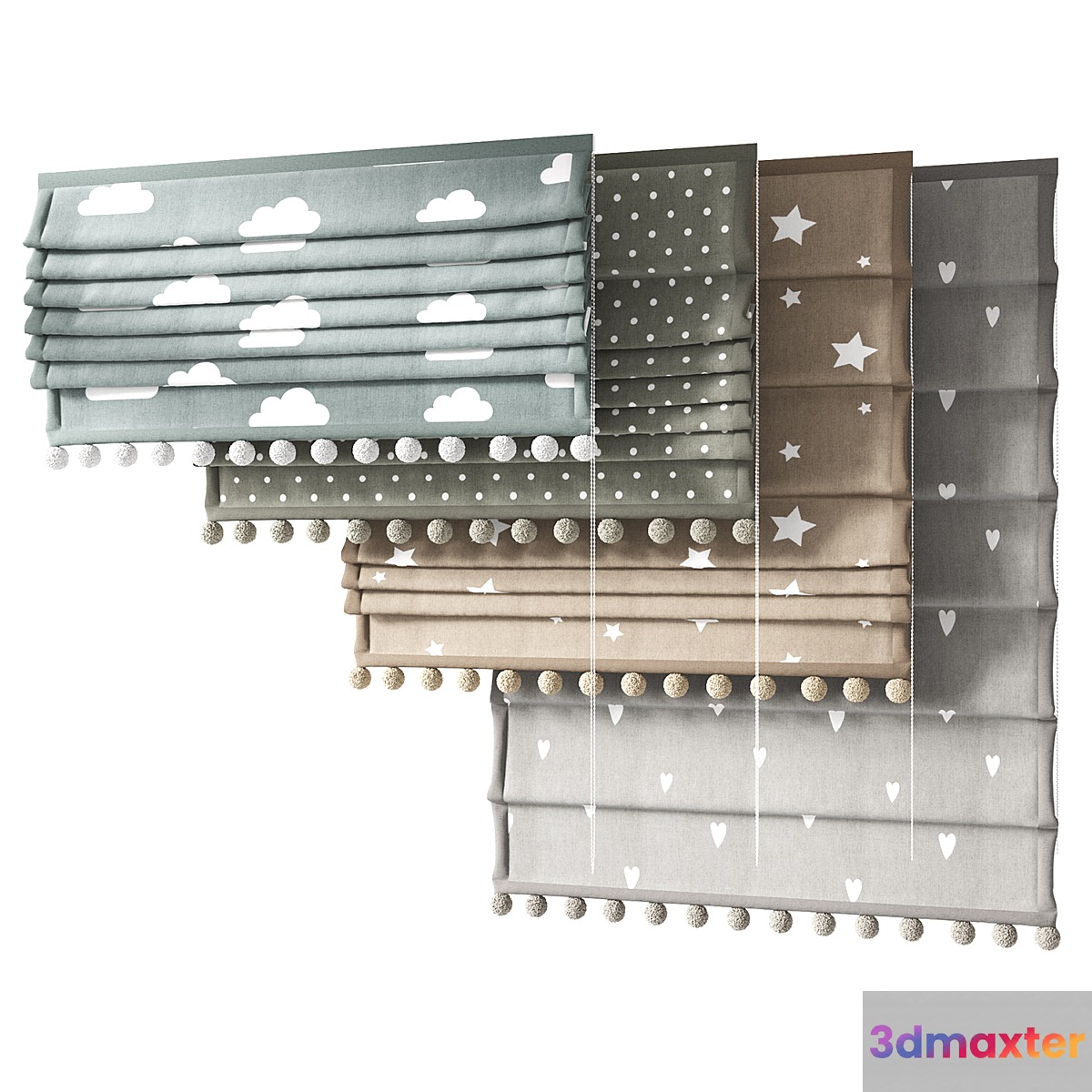 Roman curtains for the nursery with pompoms ZS 01 3D Max