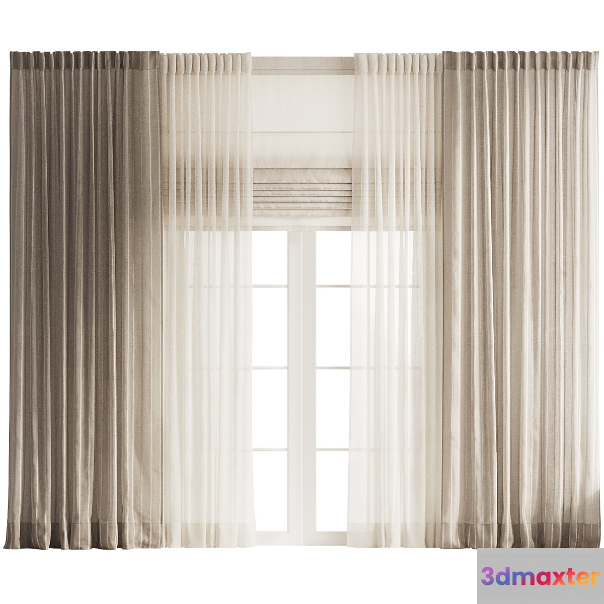 Striped Curtains with Tulle and Roman Shades 3D Max