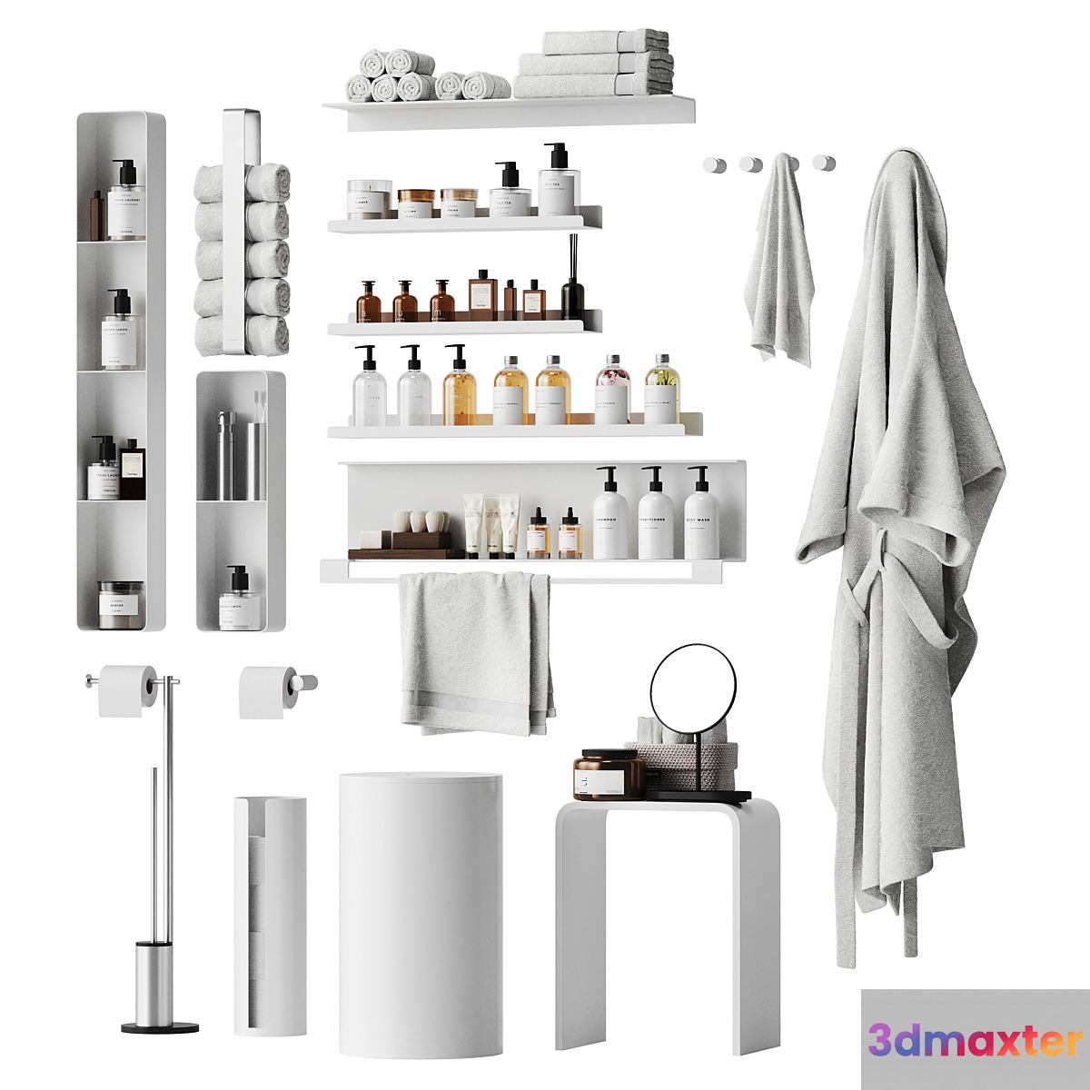 Bathroom decor with a set of different cosmetic products 3D Max