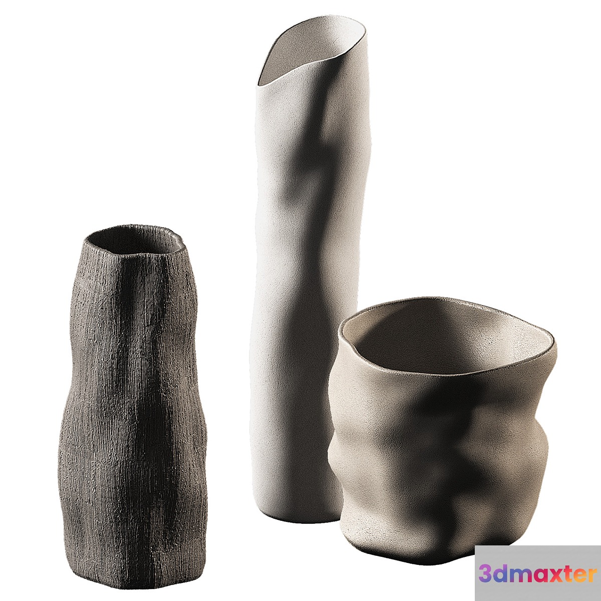 Relief vases and pots. Wavy minimal decor. 3D Max