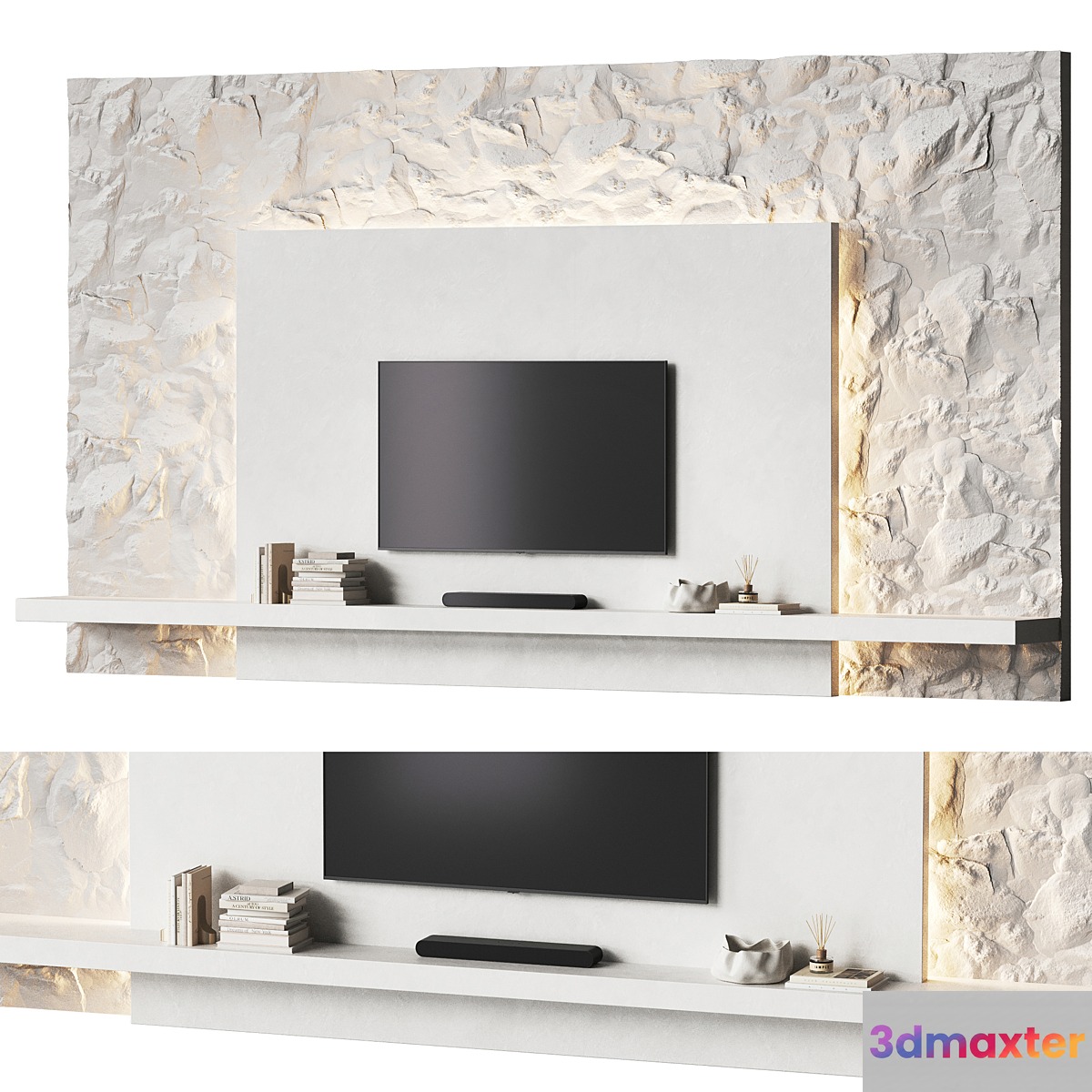 Minimalistic TV wall with a stone surface 3D Max