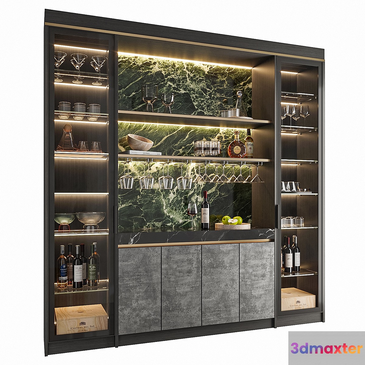 Wine Cabinet With Glasses & Decoration 004 3D Max